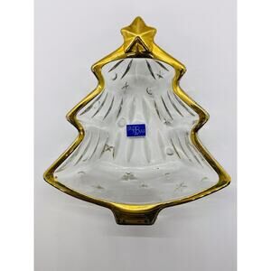 Studio Nova Christmas Tree Candy Dish Clear Glass Gold Trim Approx 6”x 5.5”